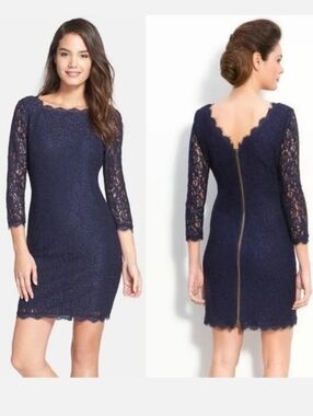 Adrianna Papell Navy Scalloped Lace Sheath Dress Size 8 Wedding Guest Cocktail